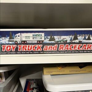 NIB Hess Gasoline Toy Truck and Racecar Set - White and Green